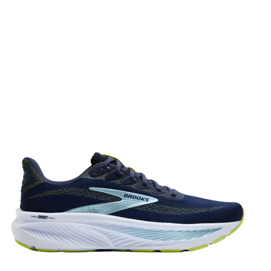 Brooks Men's Ghost 17 2E Wide Fit Running Shoes in Peacoat/Lime/Blue AW25
